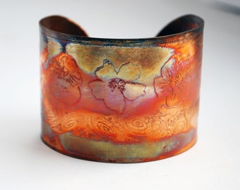 Etched Copper Cuff  Bracelet - flower design - large size