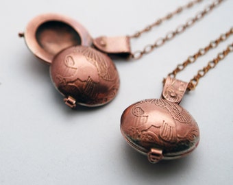 Copper Owl Locket - etched owl - Copper swivel locket