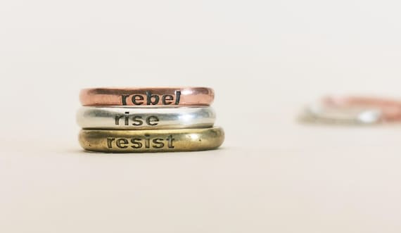 Stacker Rings in Silver, Copper or Brass, Stackable Word Rings with Resistance Theme