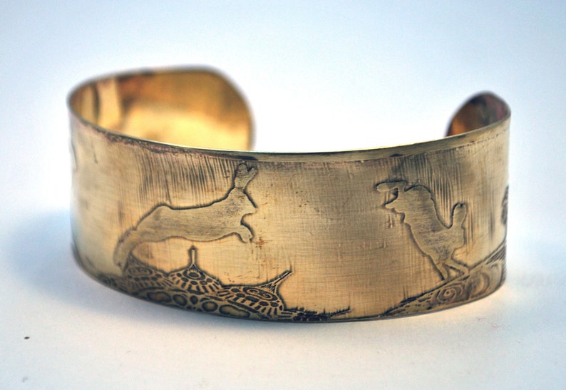 Hare Brass Cuff Bracelet Etched Brass image 2