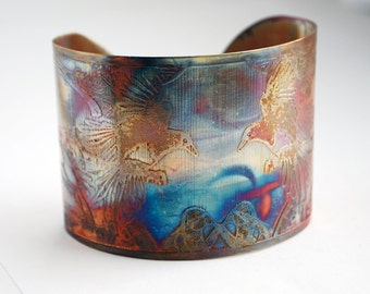 Etched Copper Cuff  Bracelet - flying magpie design - large size