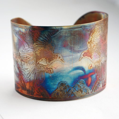 Etched Copper Cuff Bracelet Flying Magpie Design Large - Etsy