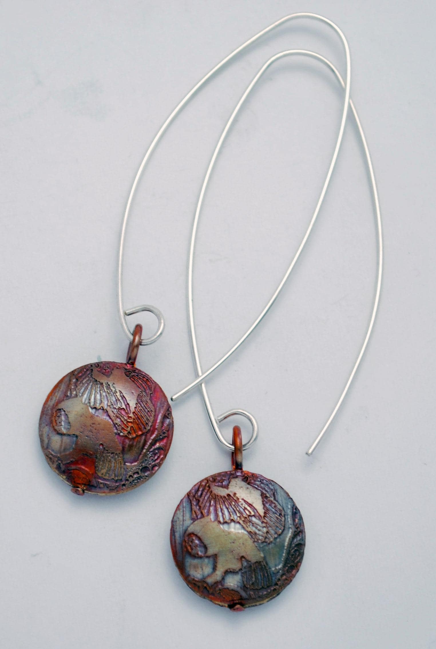 Copper owl, crow or bird on wing drop earrings