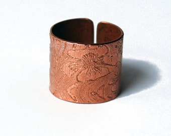 Etched Copper Floral Ring - Adjustable size