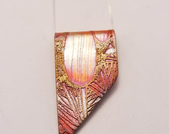 Etched copper pendant - art deco - pointed  - heat coloured copper pendant on brass chain, number 01