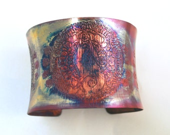 Etched Copper Cuff  Bracelet - Moongazing hare design - large anticlastic cuff