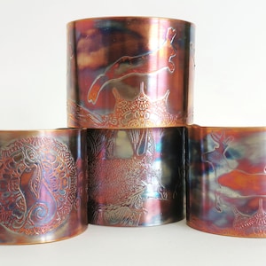 Etched Copper Cuff  Bracelet, Moongazing hare, leaping hare, stag, hedgehog