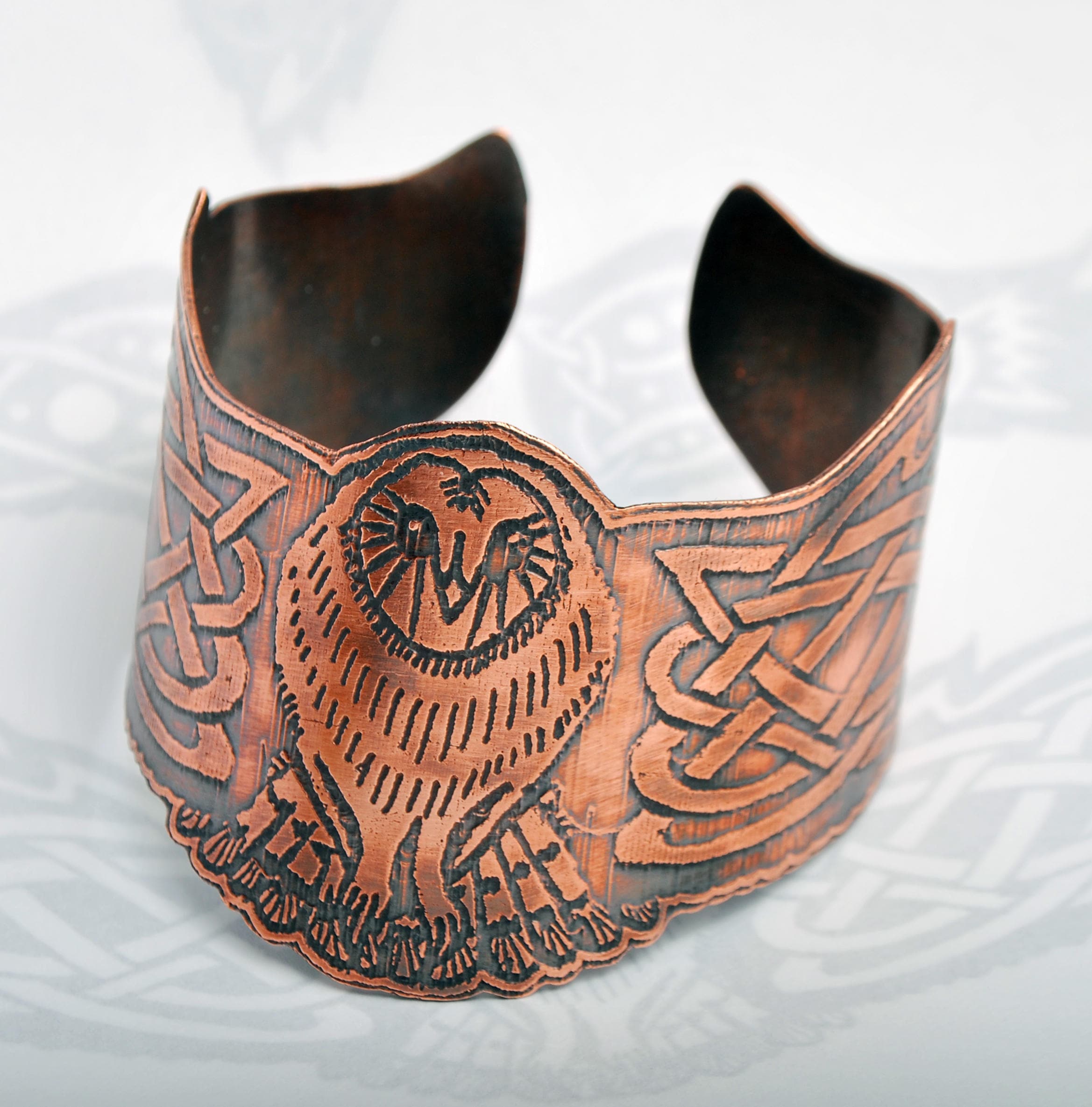 Celtic owl cuff, Viking owl cuff, celtic bracelet, copper bangle, Norse cuff, celtic knotwork, barn 