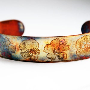 Etched Copper Cuff  Bracelet - flower design - slim size