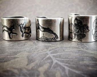 Oxidized Sterling Silver Embossed Earcuff: Raven, Cat, Hare, Rook, magpie or Flower