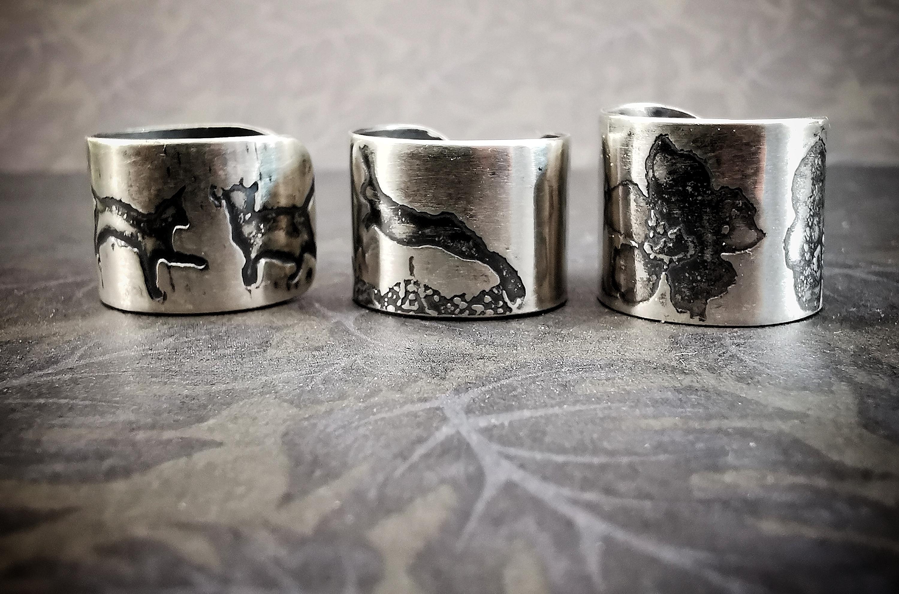 Oxidized Sterling Silver Embossed Earcuff: Raven, Cat, Hare, Rook, magpie or Flower