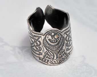 Silver owl ring, Celtic owl ring, sterling silver ring, adjustable bird ring, symbol of Athene, goddess ring, wise old owl, good luck symbol