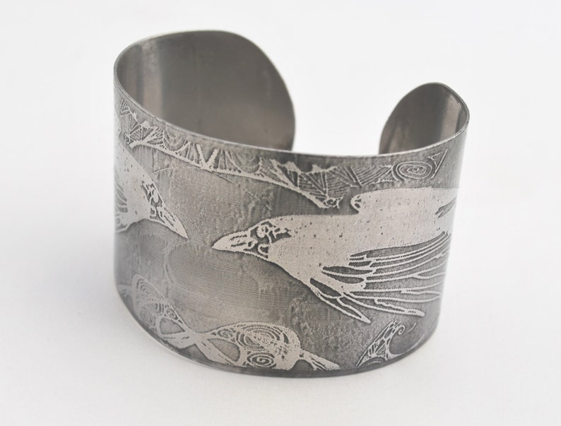 steel raven cuff, stainless steel bangle, large surgical steel cuff image 3
