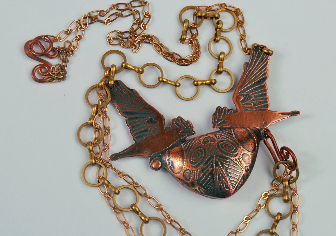 Crow Talisman Locket Etched Rook Copper Swivel Locket Etsy