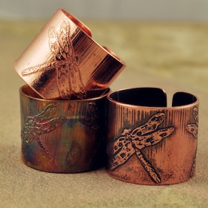 Etched Copper Dragonfly Ring Adjustable size image 1