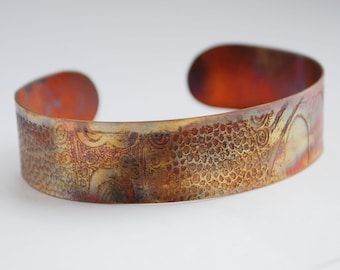 Etched Copper Cuff  Bracelet - Pattern design - slim size