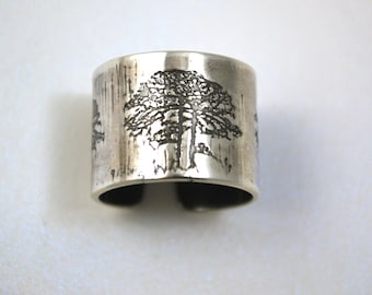 Adjustable Etched silver Tree Ring - oxidised