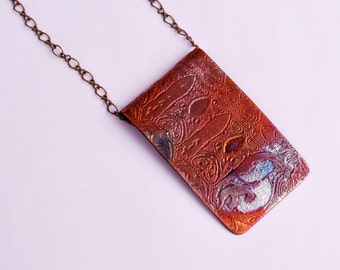 Etched copper pendant - Badger -  heat coloured copper pendant on brass chain