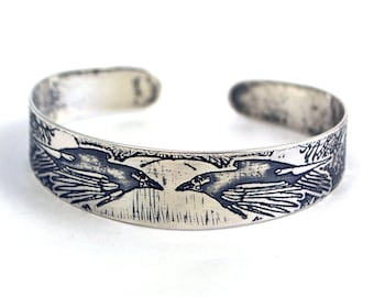 slim sterling silver raven bangle, silver raven cuff, sterling silver raven bracelet