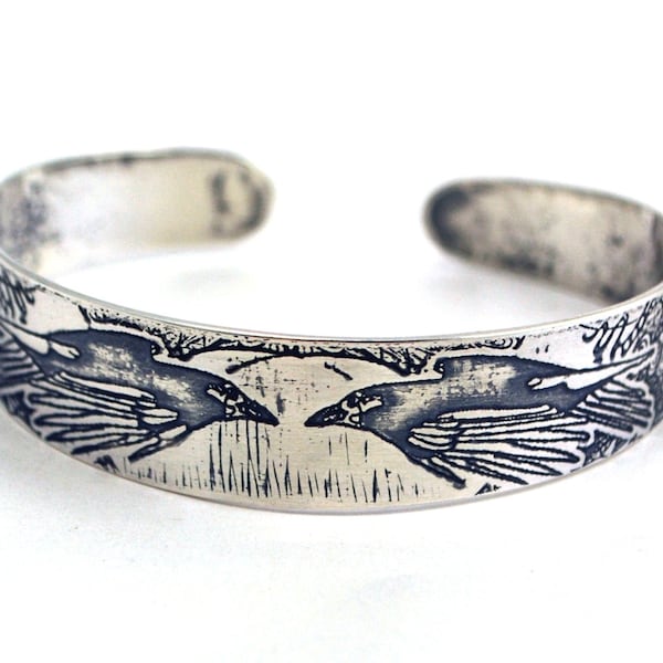 slim sterling silver raven bangle, silver raven cuff, sterling silver raven bracelet