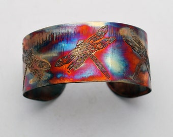 Etched Copper Cuff Bracelet - dragonfly design - medium size