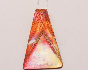 Etched copper pendant - art deco - heat coloured copper pendant on brass chain