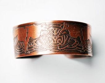 Copper Wolf bracelet with Celtic knot work design, adjustable