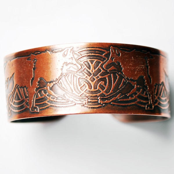 Copper Wolf bracelet with Celtic knot work design, adjustable