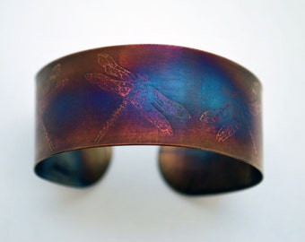 Coloured steel dragonfly cuff, Multi coloured stainless steel insect bangle, medium rainbow surgical steel cuff