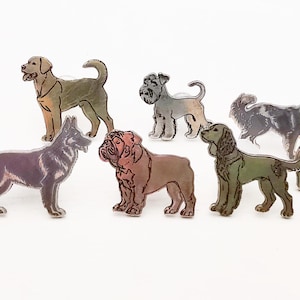May include: A collection of eight dog breed illustrations, each with a unique color palette and outline. Breeds include a French Bulldog, Labrador, German Shepherd, Bulldog, Schnauzer, Collie, Cocker Spaniel, and Dachshund. The illustrations are set against a white background.