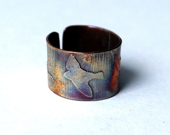 Etched Copper Bird on Wing Ring - Adjustable size