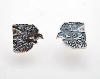 silver magpie earrings, metal bird studs, crow jewellery, flying magpies, flight themed earwires, small delicate jewelry