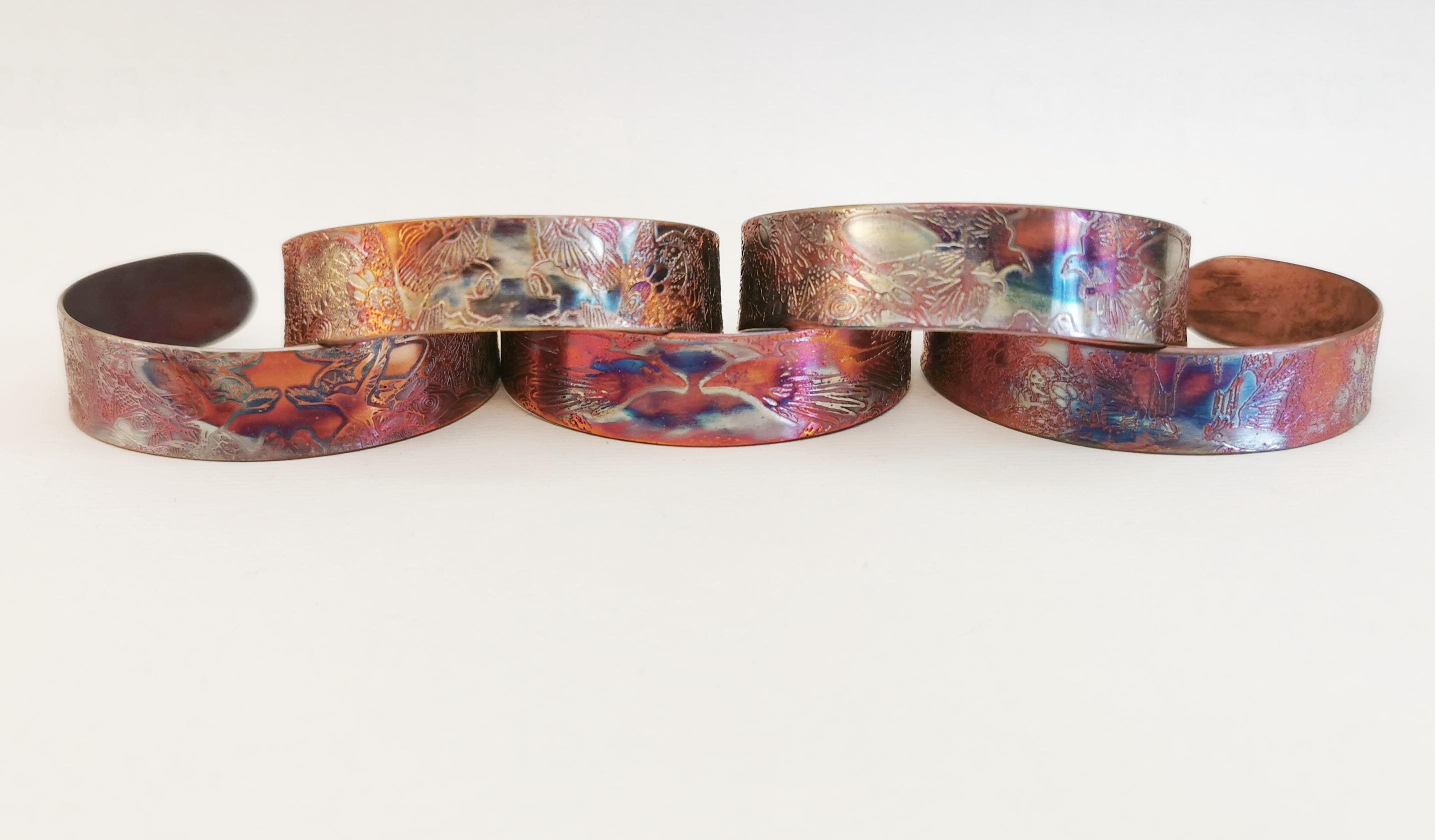 Etched Copper Cuff Bracelet - Rook, magpie, raven, owl, crow design - slim size