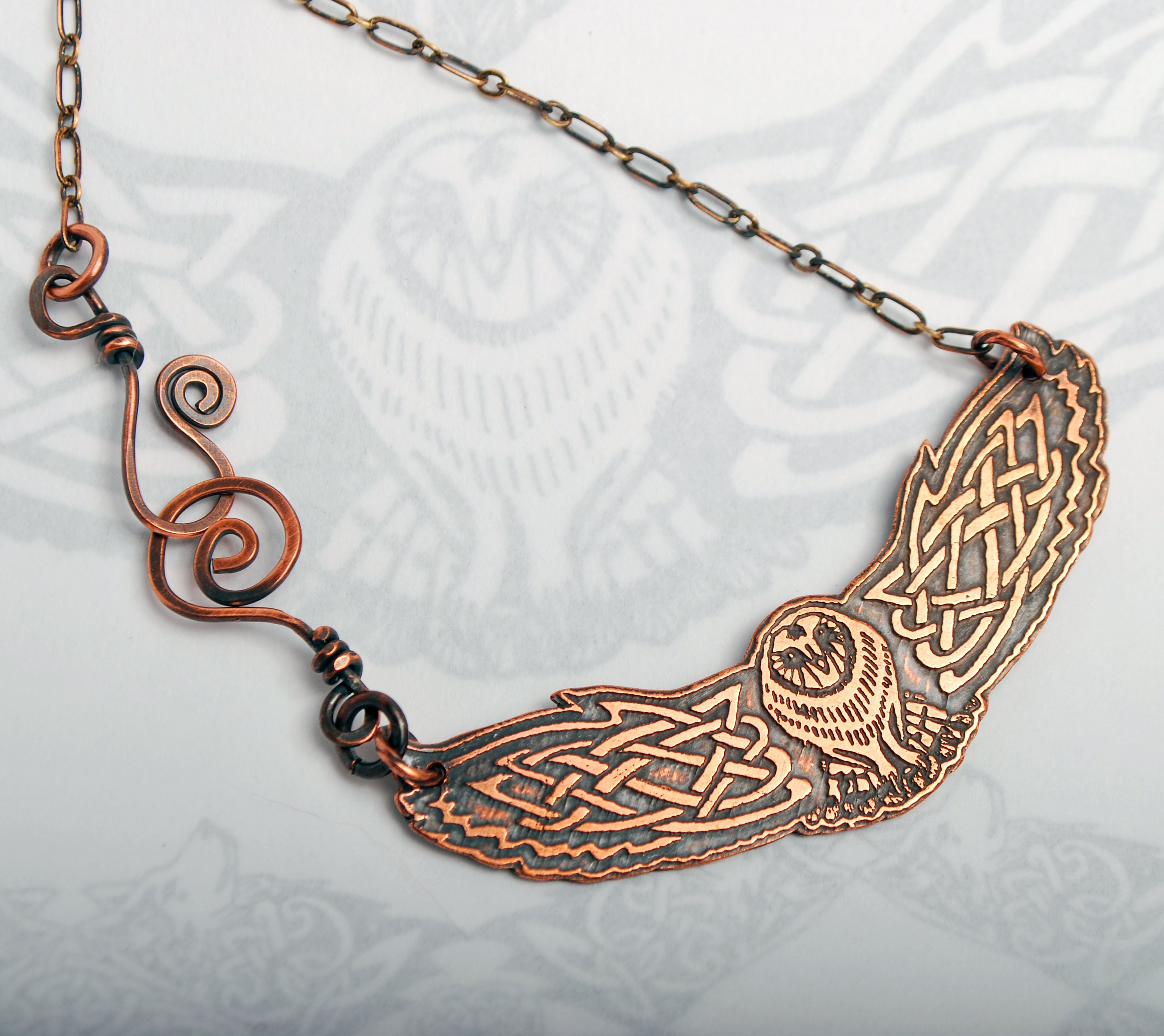 Celtic owl pendant, Viking owl necklace, spiral clasp, copper owls, Norse barn owl, celtic knotwork,