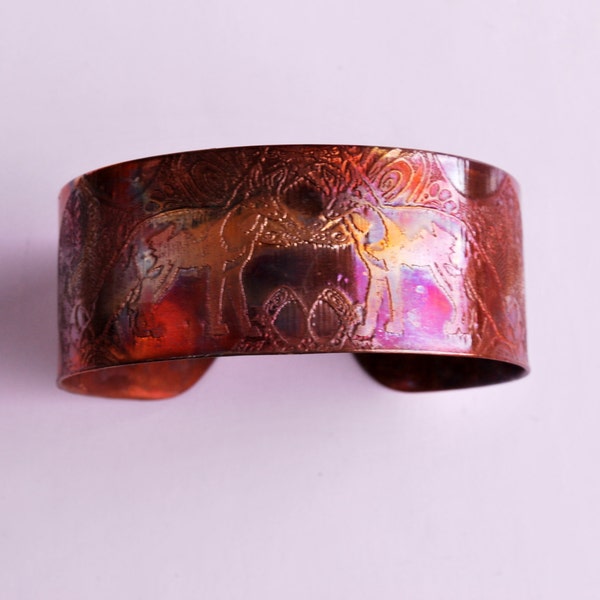 Etched copper fox cuff bracelet