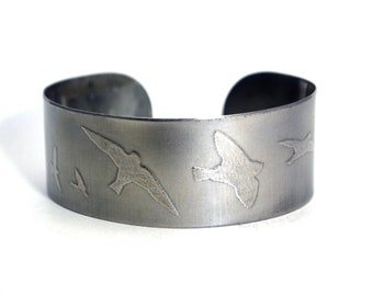 steel birds on the wing cuff, flying birds, stainless steel bangle, surgical steel cuff, medium size, swallow jewellery, steel gifts