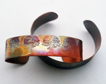 Etched Copper Cuff Bracelet - Tree design - slim size