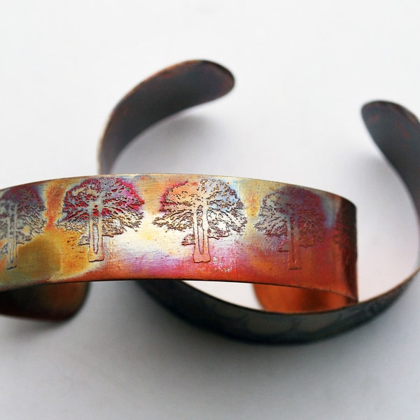 Etched Copper Cuff Bracelet - Tree design - slim size