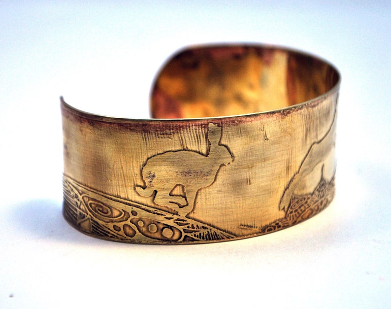 Hare Brass Cuff Bracelet Etched Brass image 4