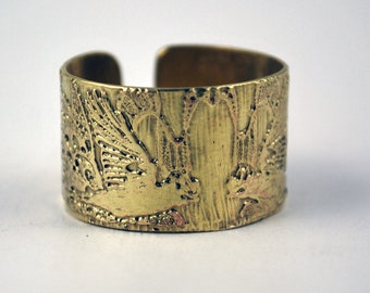 Etched Brass Rook crow Ring - Adjustable size