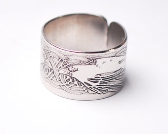 Ravens ring, steel ravens band, Hugin and Munin adjustable band, raven jewellery
