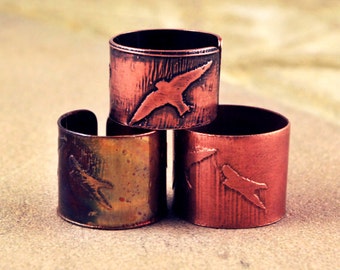 Etched Copper Bird on Wing Ring - Adjustable size