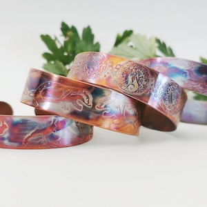 Etched Copper Cuff Bracelet: Stag, Moongazing Hare, or Badger Design