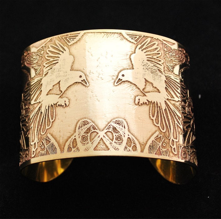Etched Brass Magpie, stag, flower, rook or owl Cuff bracelet