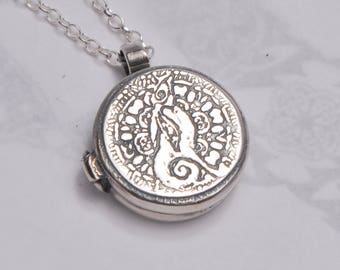 Silver moongazing hare locket, small locket pendant, rabbit locket, flat silver locket, sterling silver locket, round pillbox necklace