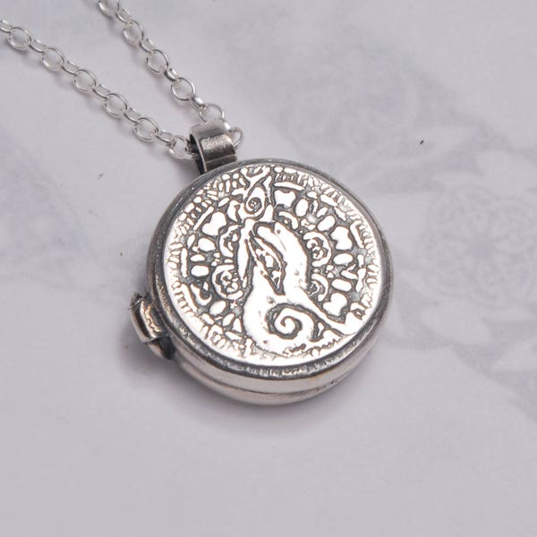 Silver moongazing hare locket, small locket pendant, rabbit locket, flat silver locket, sterling silver locket, round pillbox necklace
