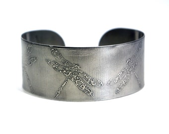 steel dragonfly cuff, stainless steel bangle, medium surgical steel cuff
