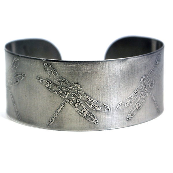 steel dragonfly cuff, stainless steel bangle, medium surgical steel cuff