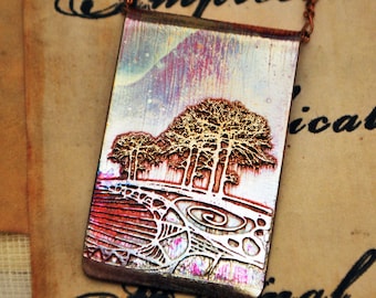 Copper pendant tree, etched metal necklace, nature landscape scene jewellery, brass handmade chain