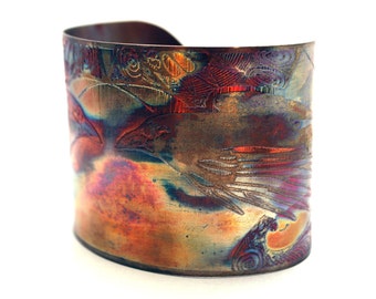 Etched copper crow raven cuff bracelet